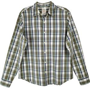 Fossil 54 Men's L Shirt Button Down Long Sleeve Pockets Blue Green Plaid Cotton